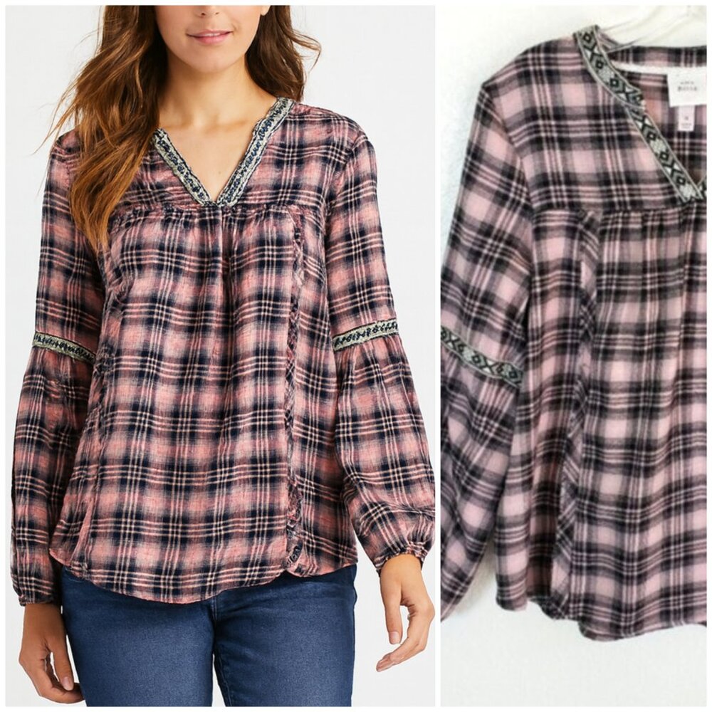 Knox Rose Bohemian Plaid Puff Sleeve Peasant Blouse Top size M
